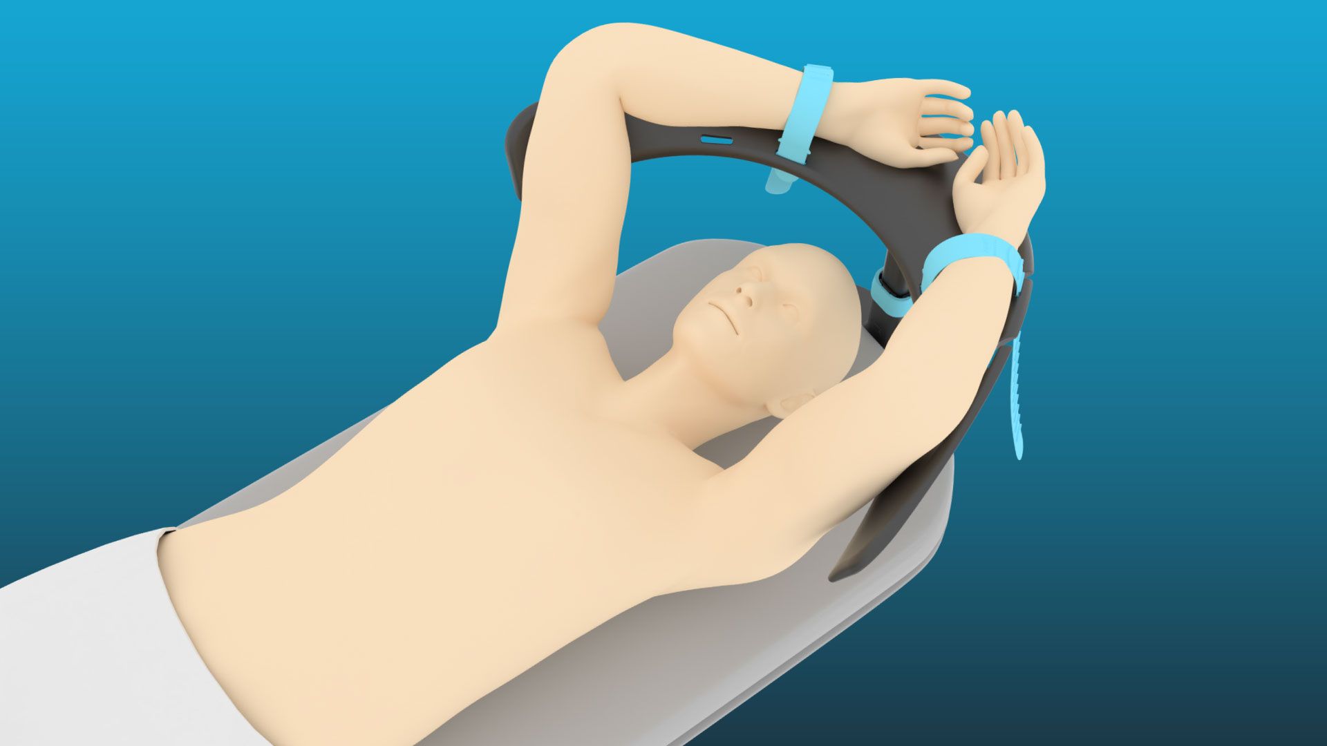 3D rendering of a patient lying on a medical table with arms raised and wrists secured by blue restraints.