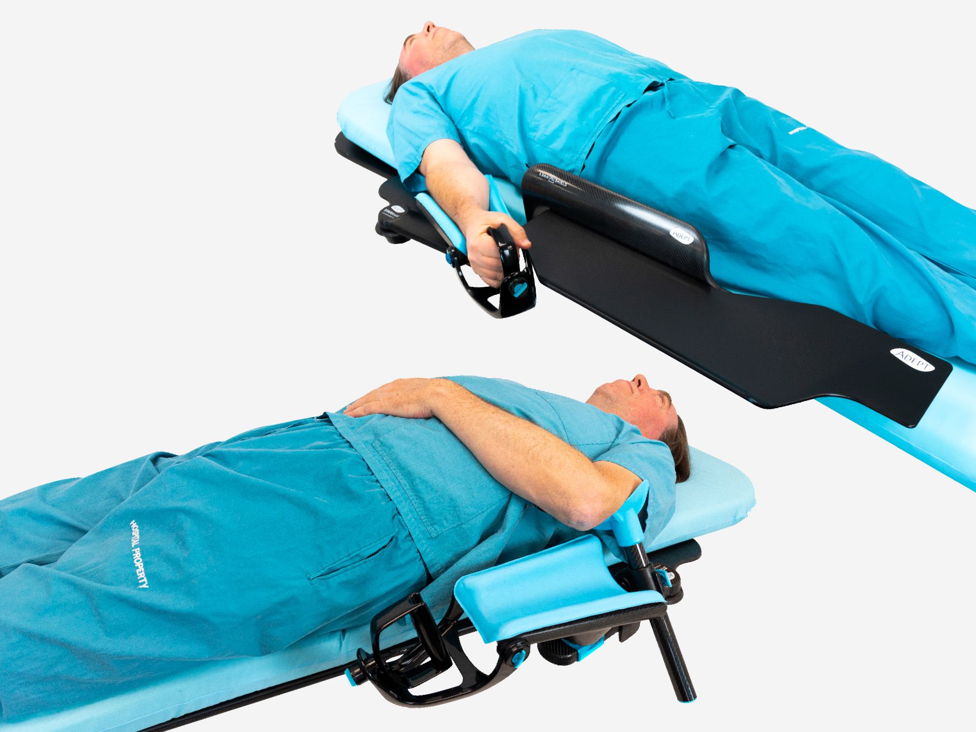 Two views of a person on a medical table demonstrating arm positioning devices: one arm extended on a black board with a handle, the other arm bent in a blue padded support.