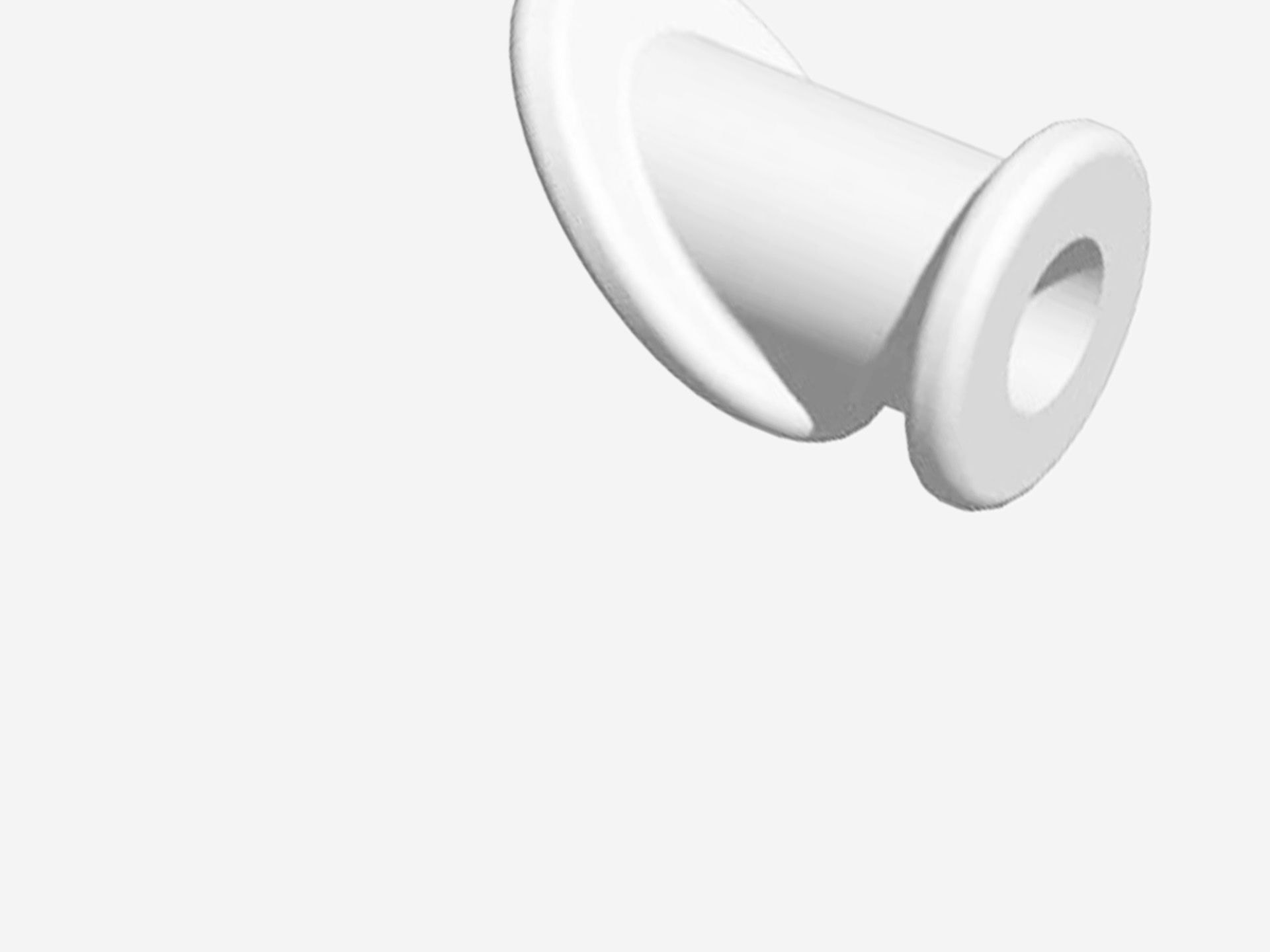 White 3D render of a flared pipe or nozzle end with a circular opening.